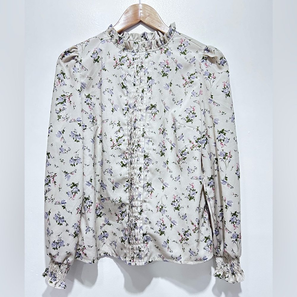 Vintage-Inspired Womens Floral Ruffle Long Sleeve Tops Floral Long Sleeve Size S
